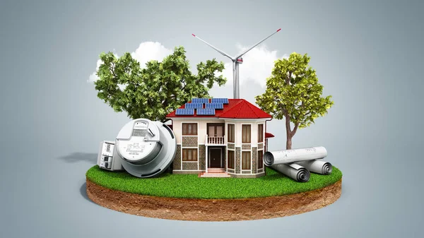concept of energy saving house with solar panels and a windmill on a piece of land near the meter of electricity 3d render on grey