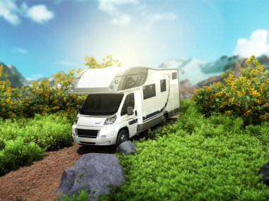 Modern aile seyahat kavramı Seyyar ev yolda doğa 3d render bir düzeltme ekini traviel arka plan olarak rides