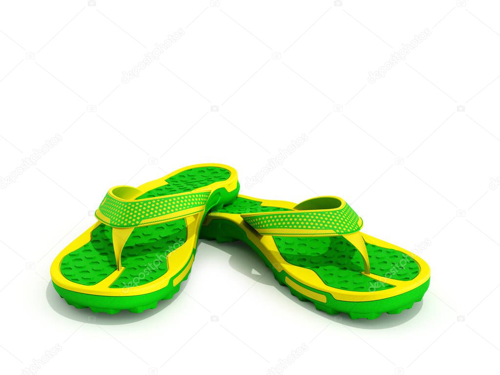yellow and green rubber male beach slipper sneaker with perforation 3d render isolated on white 