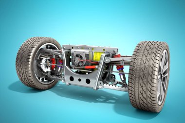 elektrikli otomobil cystem dingil mesafesi ile elektrikli araç sürücü sistemi ve pil paketi 3d render mavi