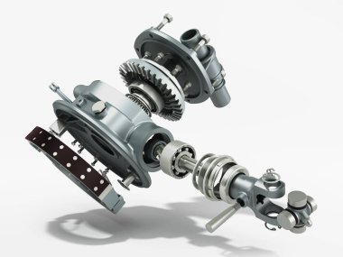 Kamyon tekerleği sürücü ve sistem 3d render beyaz üzerinde fren