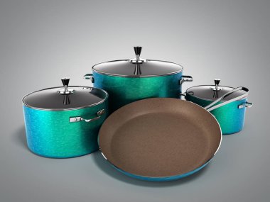 çanak çömlek yeşil tencere ve tava taşlı set 3d render gri arka plan üzerine püskürtülür.