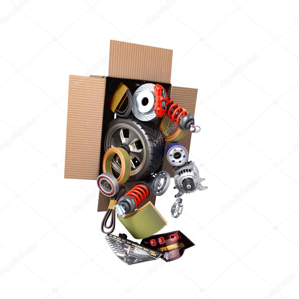 modern concept of vehicle maintenance automotive supplies delivery car parts in open box 3d render on a white no shadow