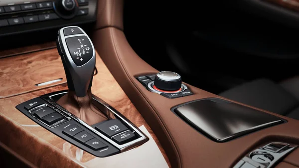 Detail of modern car interior gear stick automatic transmission in expensive car 3d render image