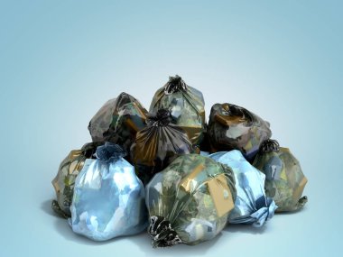 bir çöp torbası yığını 3d render mavi zemin üzerine yakın çekim 