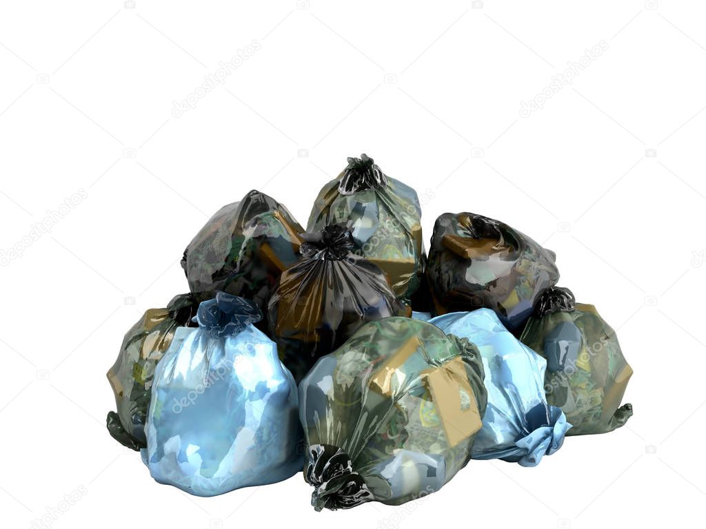 close up of a garbage bags stack 3d render on white background no shadow