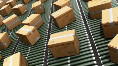 Modern paketleri teslim ambalaj hizmet ve paketler ulaşım sistemi kavramı karton kutular üzerinde konveyör 3d render