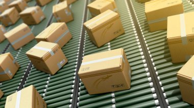 Modern paketleri teslim ambalaj hizmet ve paketler ulaşım sistemi kavramı karton kutular üzerinde konveyör 3d render