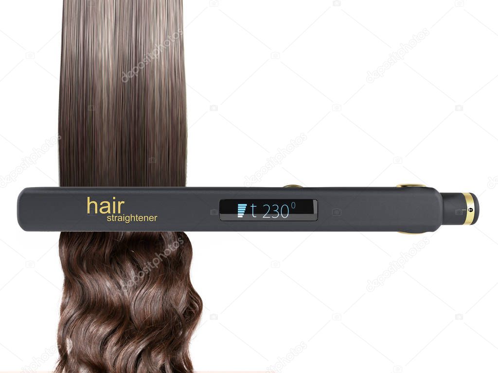 The concept of gentle hair alignment Electric curling iron hair straightener with ceramic plates 3d render on white background