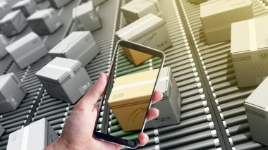 Modern teslim arama bir parsel kavramı paketleri teslim ambalajlama hizmeti ve parsel ulaşım sistemi konsepti için konveyör 3d render üzerinde karton kutular