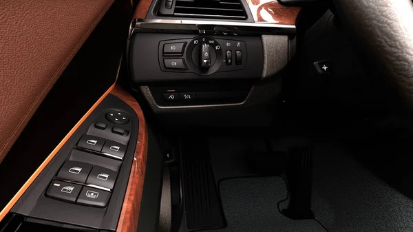 modern car interior view of the control panel lifting windows and turning on the headlights 3d render image