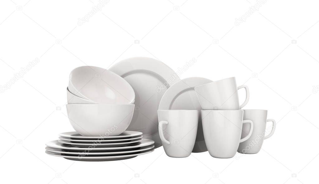 set of white dishes 3d render on white no shadow