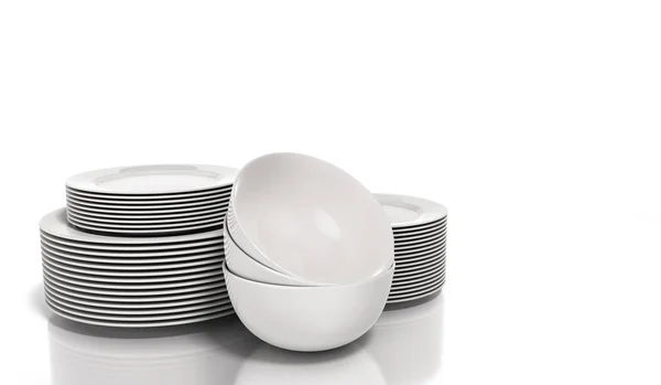 set of white dishes 3d render on white