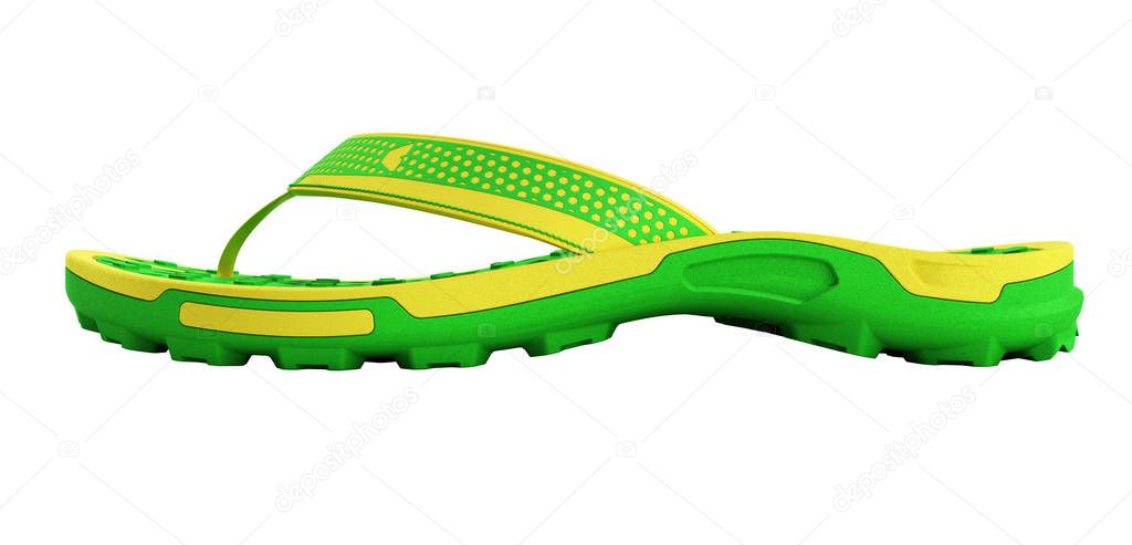 yellow and green rubber male beach slipper sneaker with perforation 3d render isolated on white no shadow