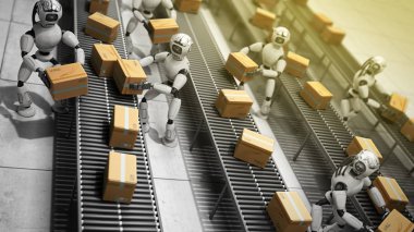 Üretimde sıralama kesin modern kavram otomatik ya teslim robotlar kutuları konveyör konveyör 3d render için geçiş