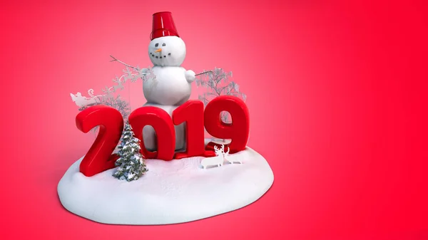 new year 2019 snow island with snowman and trees 3d render on red