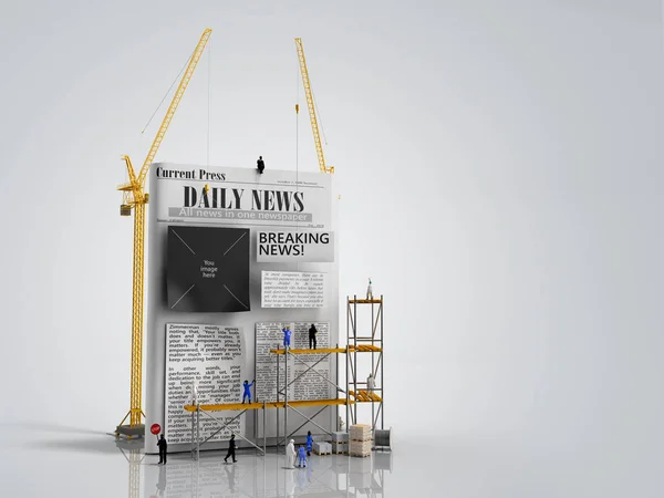 news building concept builders stick newspaper columns on a blank newspaper sheet 3d render on grey