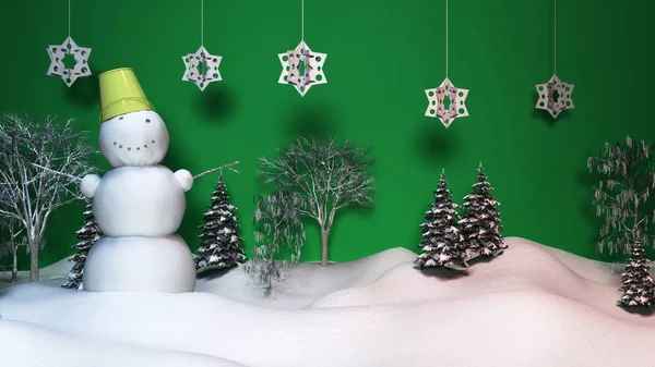 Natale Neve Sfondo Instalation Natale Vetrina Renderizzare Verde — Foto Stock