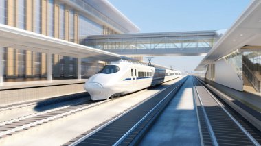 Beyaz modern yüksek hızlı tren Tren İstasyonu günbatımı tren turizm 3d render