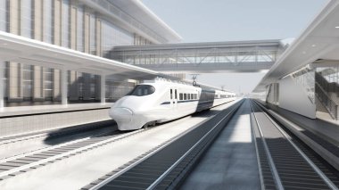 Beyaz modern yüksek hızlı tren Tren İstasyonu günbatımı tren turizm 3d render