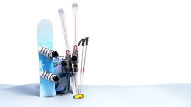 snowboard ve kayak kar 3d render beyaz kış turizm kavramı