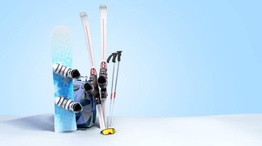 snowboard ve kayak kar 3d render mavi kış turizm kavramı