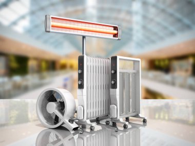 Aygıtları konveksiyon fan yağ dolu ve Kızılötesi ısıtıcılar 3d render Satılık arka Isıtma