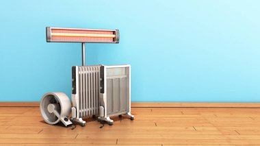 Isıtma cihazları konveksiyon fan yağ dolu ve Kızılötesi ısıtıcılar odasında 3d render