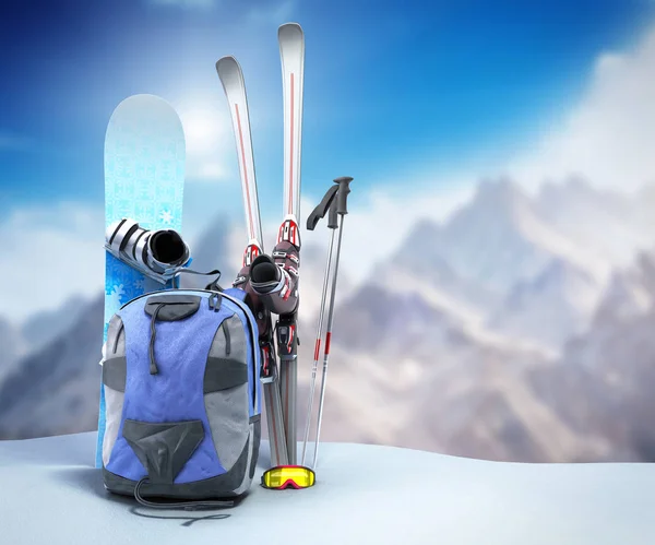 concept of winter tourism snowboarding and skiing in the snow 3d render on mountaine background