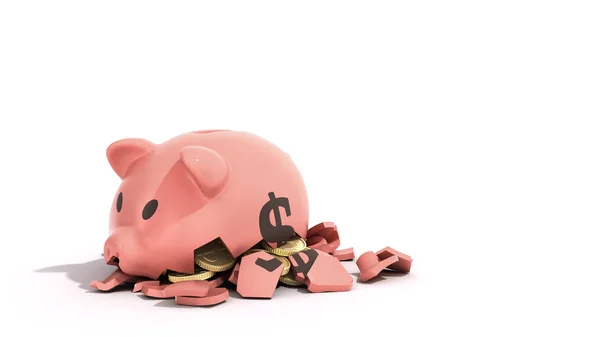 Besparingen Uitgaven Comcept Roze Keramische Piggy Bank Volledig Opgesplitst Verschillende — Stockfoto