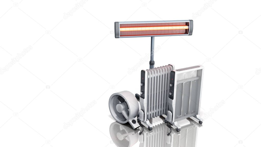 Heating devices Convection fan oil-filled and infrared heaters 3D rendering on white