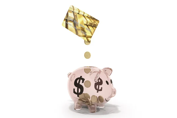 Konzept Der Ersparnisse Dollarmünzen Fallen Von Kreditkarte Geld Schwein Rendern — Stockfoto