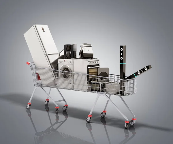 Home appliances in the shopping cart E-commerce or online shopping concept 3d render on grey