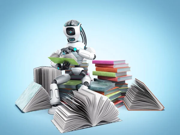 modern concept of piece intelligence robot is reading books sitting on a pile of books3d render on blue gradient