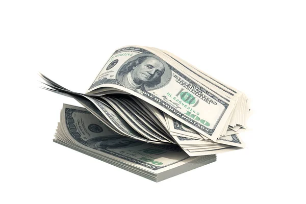 Dollar Hundred Bills Banknotes Blows Away Pile Render White Shadow — Stock Photo, Image