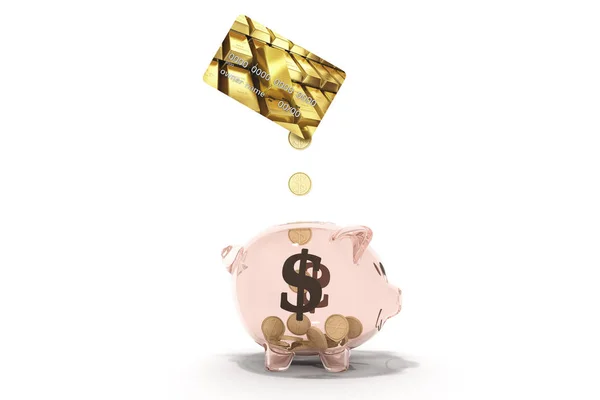 Konzept Der Ersparnisse Dollarmünzen Fallen Von Kreditkarte Geld Schwein Rendern — Stockfoto