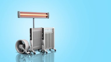Isıtma cihazları konveksiyon fan yağ dolu ve Kızılötesi ısıtıcılar 3d render mavi