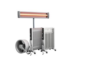 Aygıtları konveksiyon fan yağ dolu ve Kızılötesi ısıtıcılar Beyaz 3d render gölge yok Isıtma
