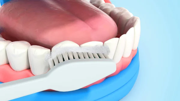 牙刷清洁牙齿在嘴里3D 渲染蓝色 — 图库照片