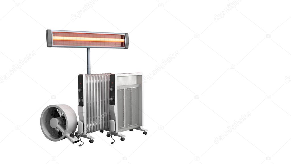 Heating devices Convection fan oil-filled and infrared heaters 3D rendering on white no shadow