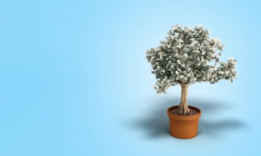 yüz dolar faturaları dışarı pot 3d büyüyen ağacıyla Doları render mavi
