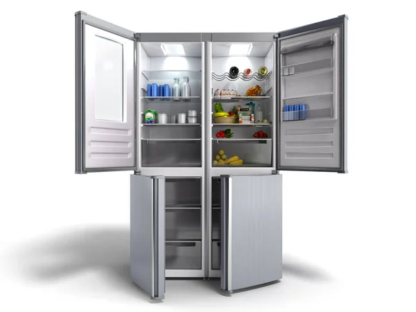 Refrigerador Moderno Aço Inoxidável Aberto Ilustração Branca — Fotografia de Stock