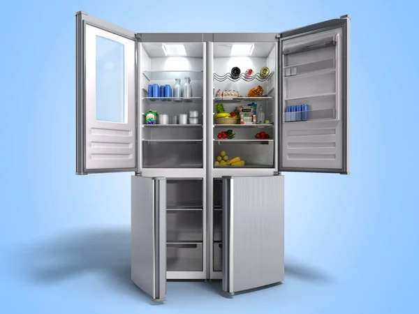 Refrigerador Moderno Aço Inoxidável Aberto Ilustração Azul — Fotografia de Stock