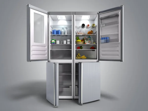 Refrigerador Moderno Aço Inoxidável Aberto Ilustração Cinzenta — Fotografia de Stock