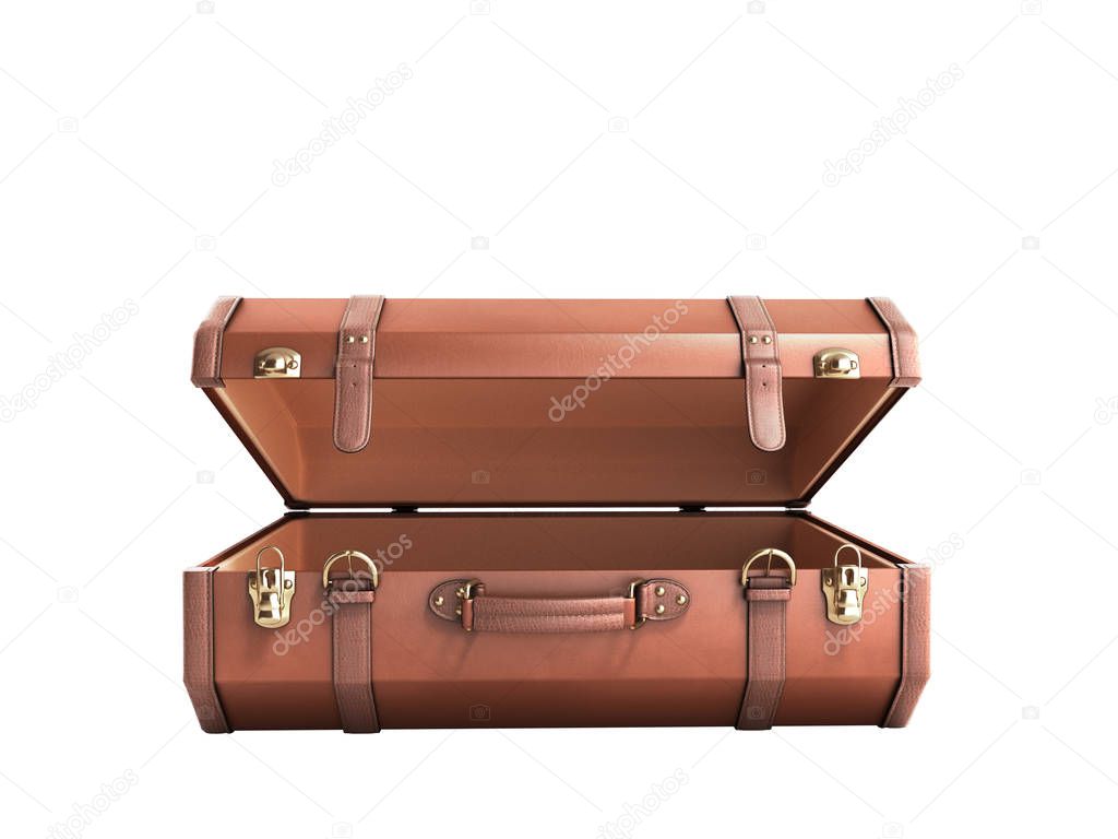 open Vintage suitcase 3d render on white background no shadow