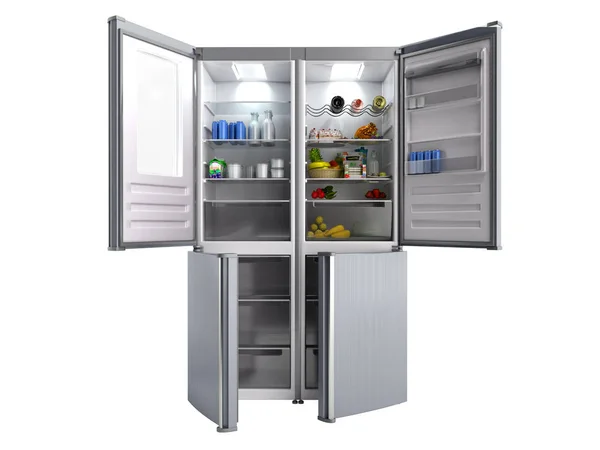Refrigerador moderno de aço inoxidável aberto na ilustração 3d branca — Fotografia de Stock