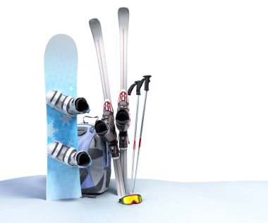 snowboard ve karda kayak kış turizm kavramı 3d