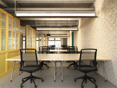 Modern ofis masa ve sandalyeler 3d render ile 