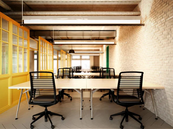 带桌椅3d 渲染的现代办公空间 — 图库照片