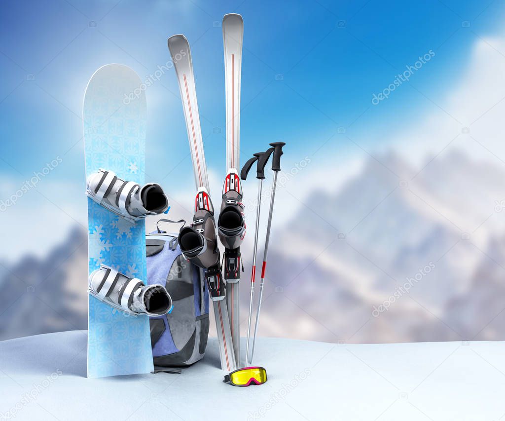 concept of winter tourism snowboarding and skiing in the snow 3d